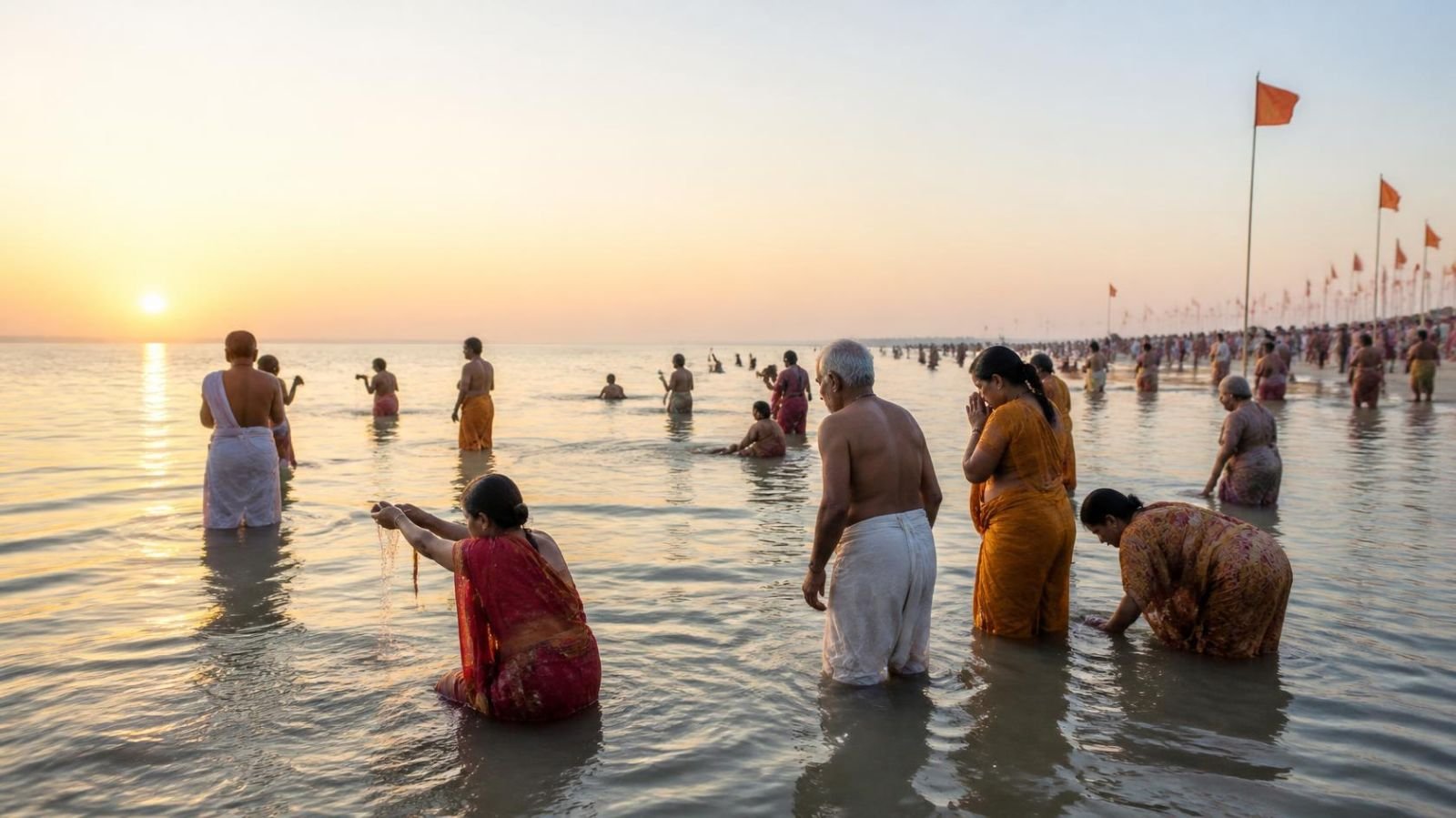 Pilgrims taking a holy dip at Gangasagar Sangam at sunrise